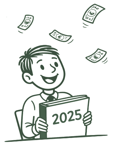 KI-generiert mit DALL·E 3 (OpenAI) Person im Geldregen mit einer Mappe "2025" in der Hand